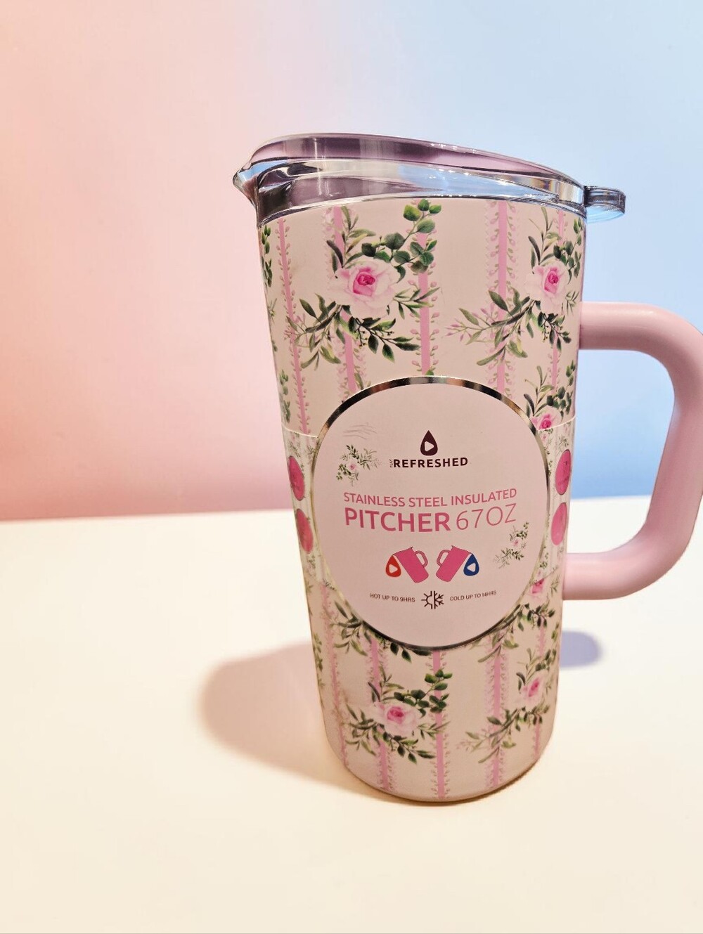 NEW Refreshed Pink Pitcher Stainless Steel Insulated 67 Onz With Sealed Lid NWT